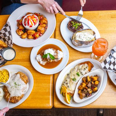 A top view of the table with served meals.