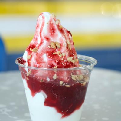 Cherry Sundae, topped with peanuts.