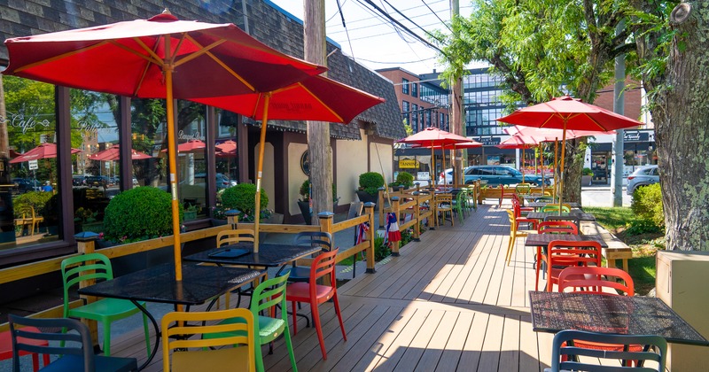 Exterior, patio, tables, chairs, parasols