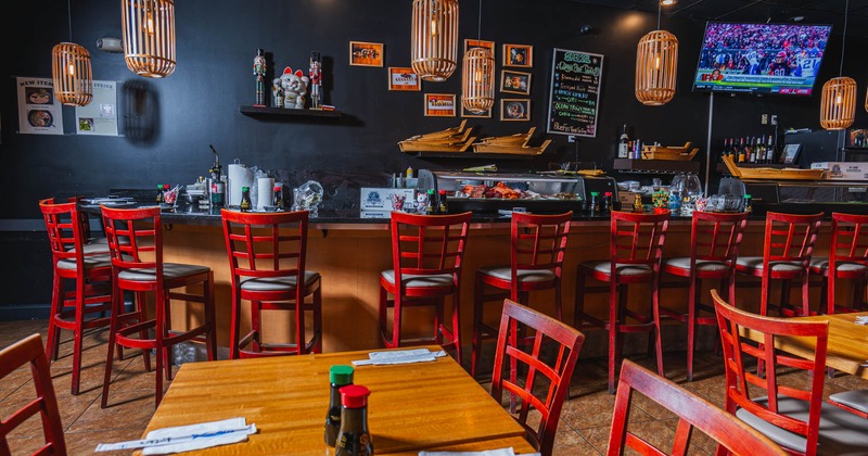 Interior, dining and bar area, tables and chairs