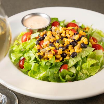 Southwest salad, served, top view, closeup.