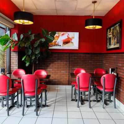 Dining area with red seating.