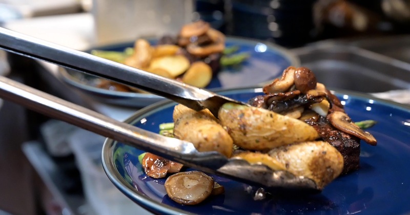 Interior, long, and round tables with chairs