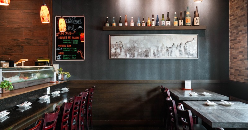 Interior dining area of a Japanese sushi restaurant