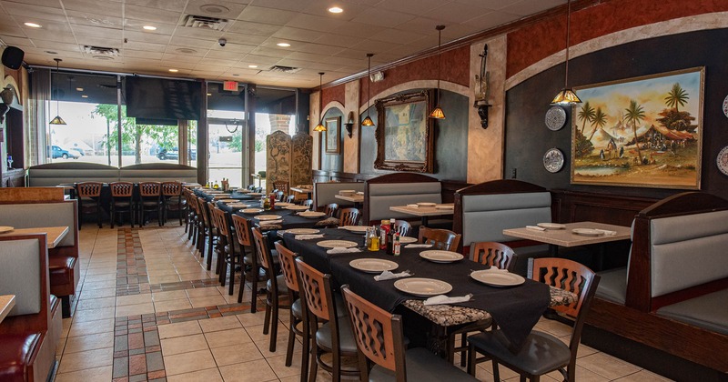 Interior, tables, chairs and sitting booths