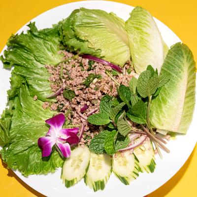 Mince meat salad with lettuce leafs, cucamber slices and mint springs.