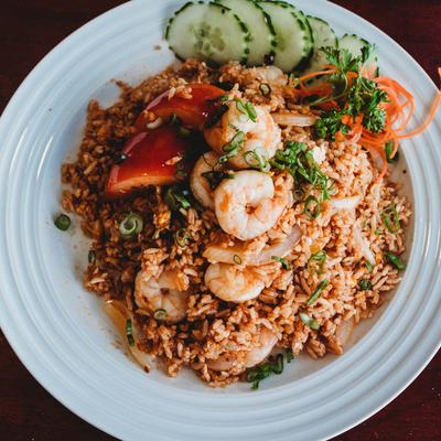 Shrimp and rice dish, top view.
