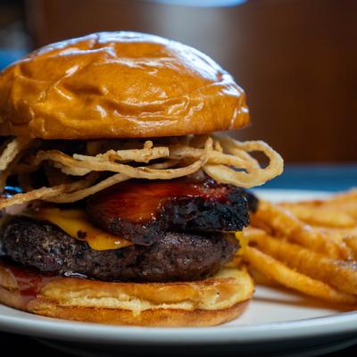 Brisket burger, close up.