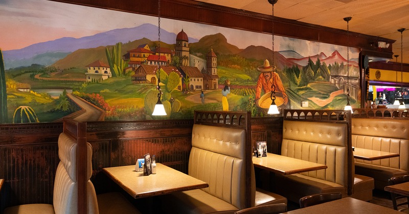 Interior space, dining area with lined-up dining booths