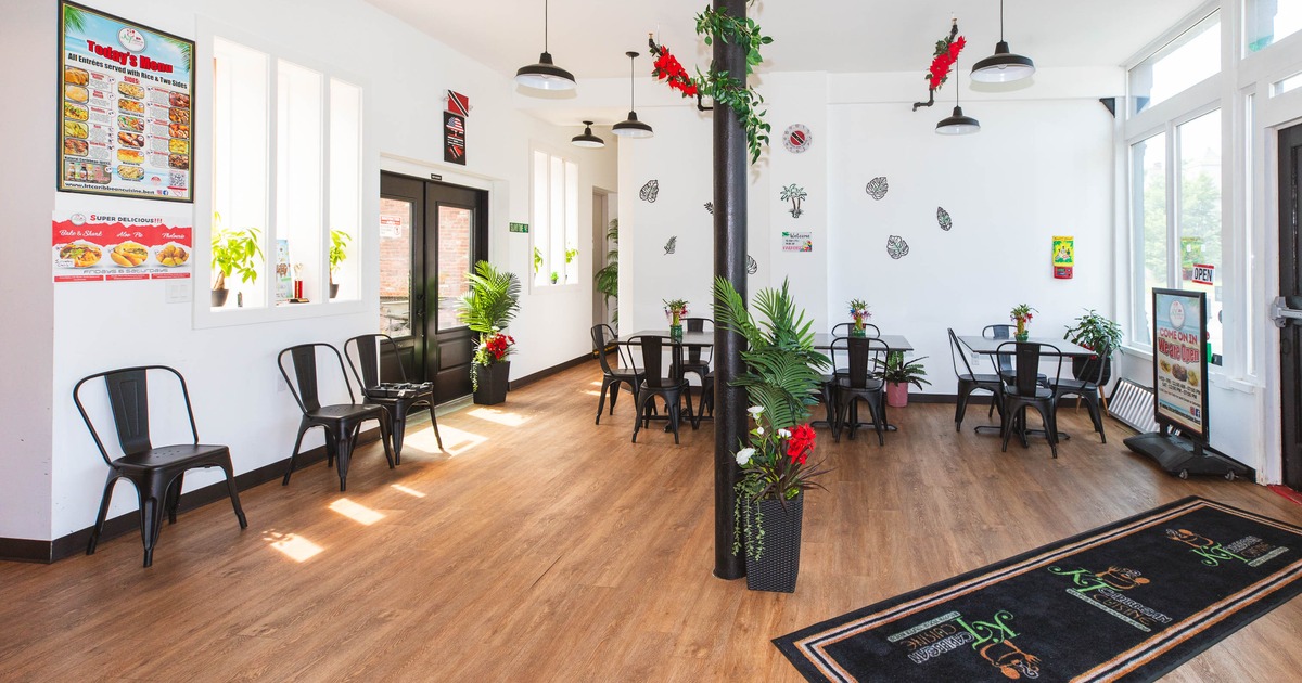 Interior view of a restaurant with wooden flooring