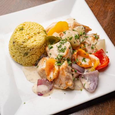 Chicken kebob platter.