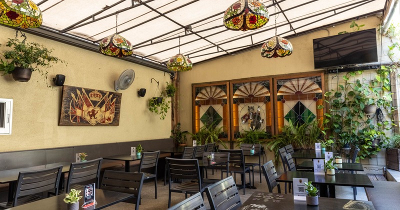 Interior, dining tables and seating, wall pictures and greenery decoration