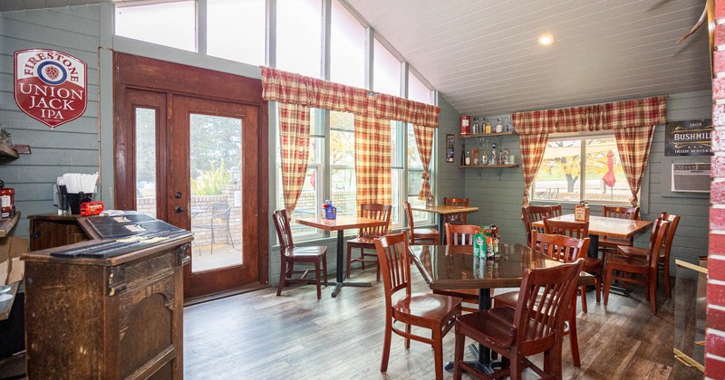 Interior, dining tables and seats