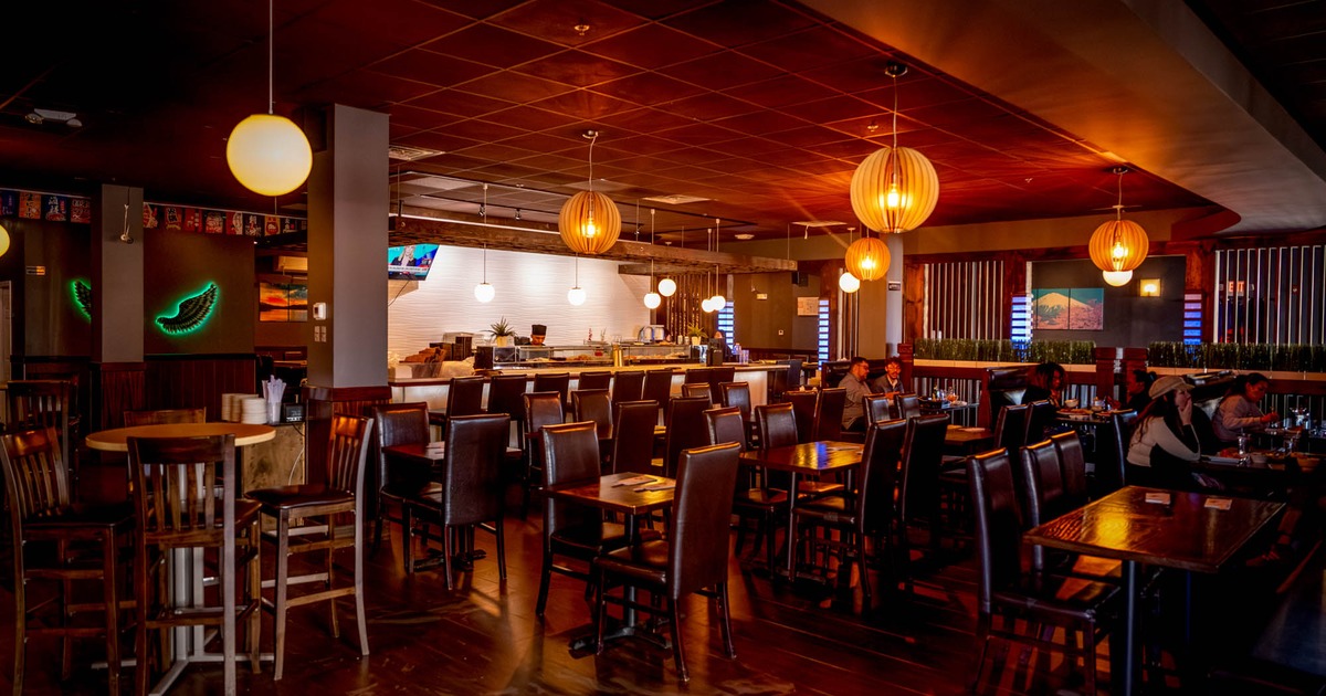 Interior, dining area, tables and chairs ready for guests, regular and high seating
