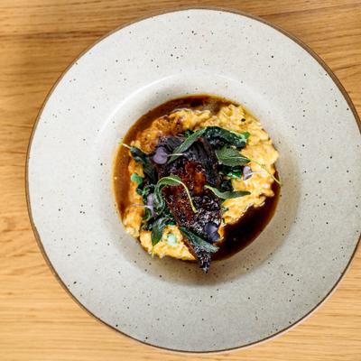 Short rib mac and cheese, top view.