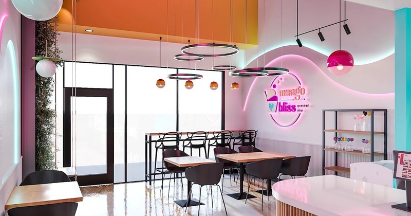 Modern interior - bright colors & sleek design elements - tables, chairs, lights and a neon sign