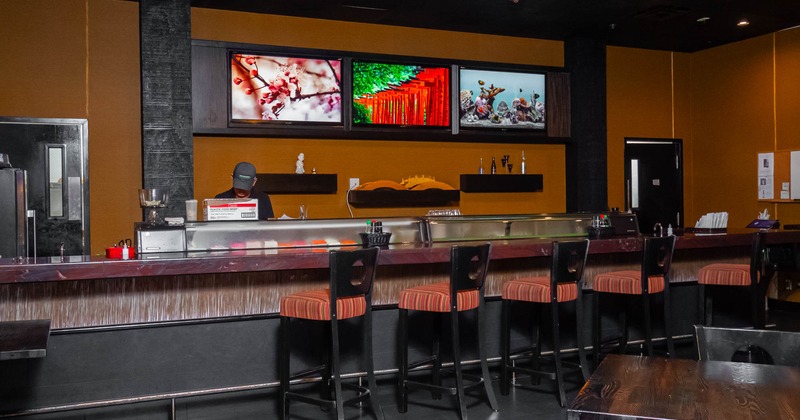 Interior, bar area, bar and bar stools