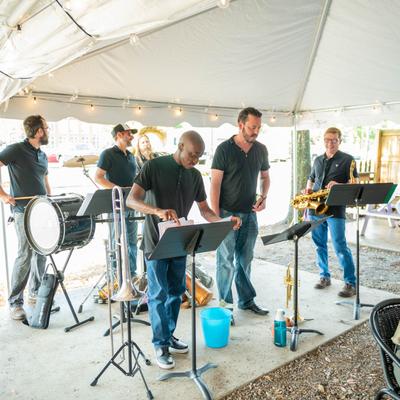 Patio area, brass band performing.