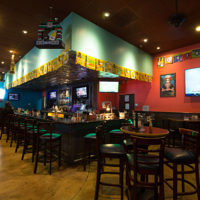 Interior, main seating area and bar and barstools