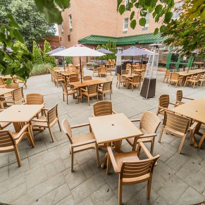 Tables chairs on the outside.