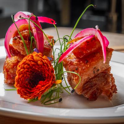 A plated gourmet dish with crispy pork, pickled onions, and edible flower.