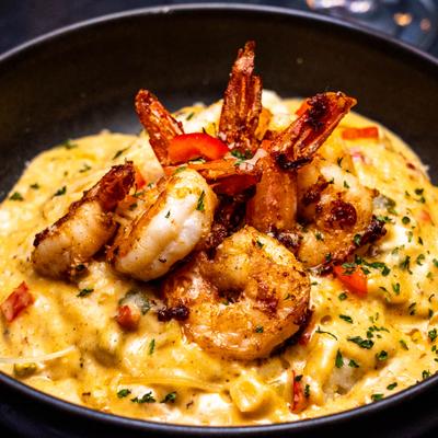 Bowl of Shrimp and Grits, close-up.