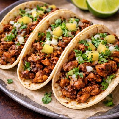 Tacos Al Pastor topped with diced onion, cilantro and pineapple.