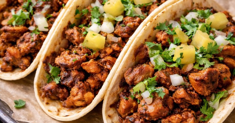 Tacos Al Pastor served on a tray with lime wedges