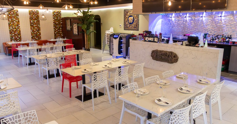 Interior, seating area with tables and chairs