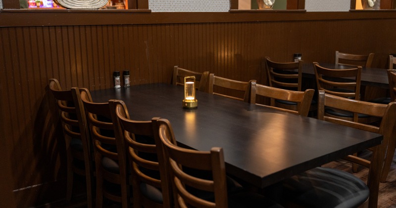 Interior, wooden tables and chairs