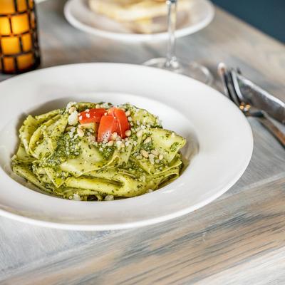Mandilli de Seta (V) “Silk Handkerchiefs”  House Made Pasta squares, Basil Pine Nut pesto, touch of Cream, Fresh Tomato.