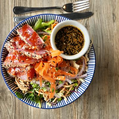 Tuna salad served, top view.