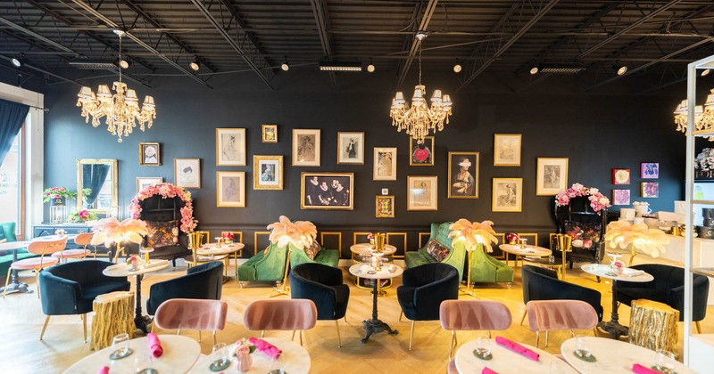 Interior, cozy seating area with pictures on the wall