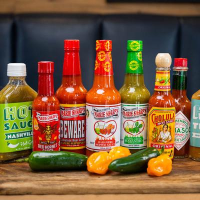 Various sauce bottles.