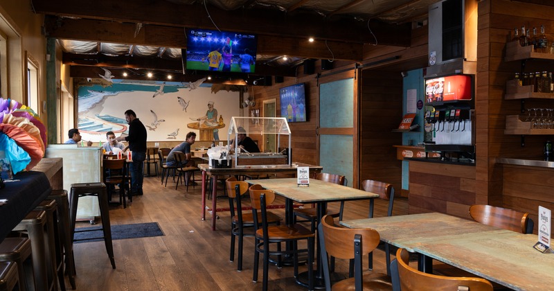 Interior, diner area, tables and chairs