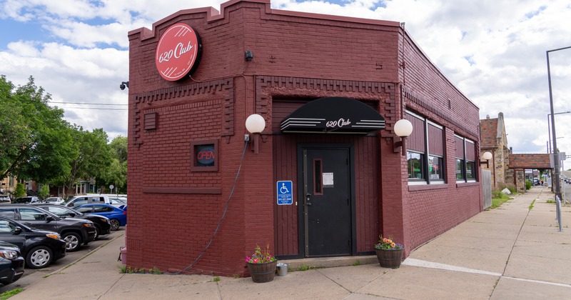 Exterior, front view to club, entrance, sign