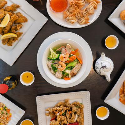 Assortment of dishes served on the table with condiments.