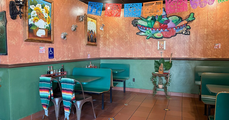 Interior, restaurant booths in dining area