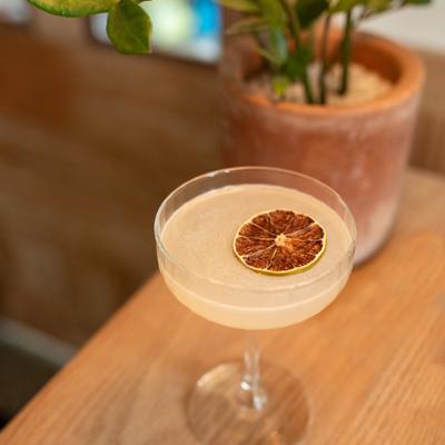 Daiquiri glass garnished with dry lime wheel, rests on a table with a potted plant.