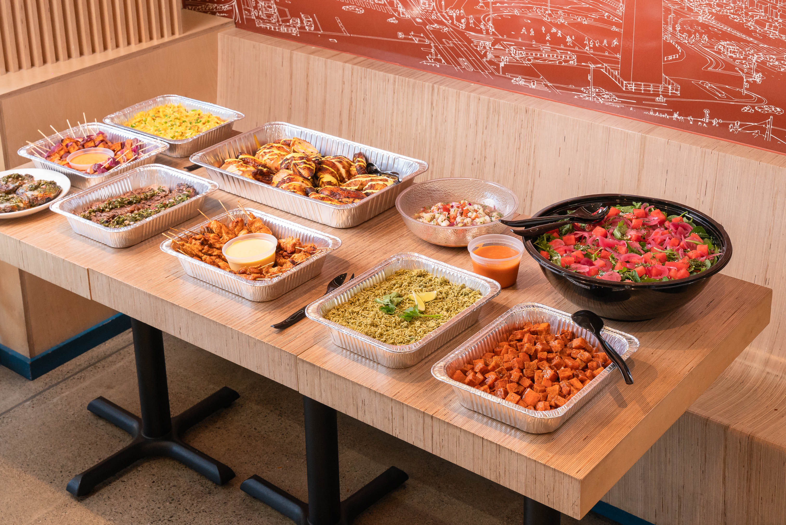 Platters of various catering menu items