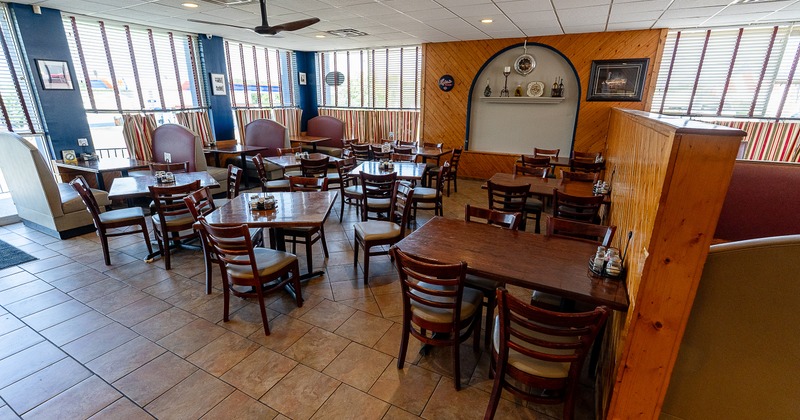 Interior, diner area, wide view, tables and chairs