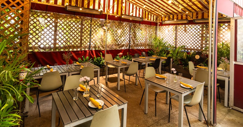 Outdoor dining area with tables, chairs, and plants under a striped canopy with string lights