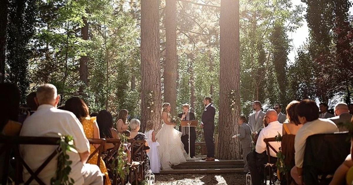 Wedding guests gathered outside