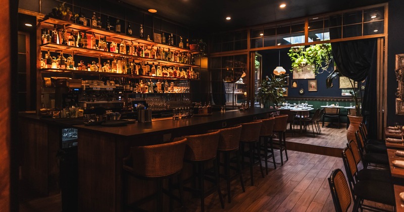 Interior, bar area, marble top bar with comfy bar stools, large drink shelves in the back