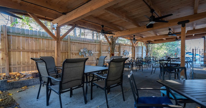 Exterior, patio area with tables and chairs