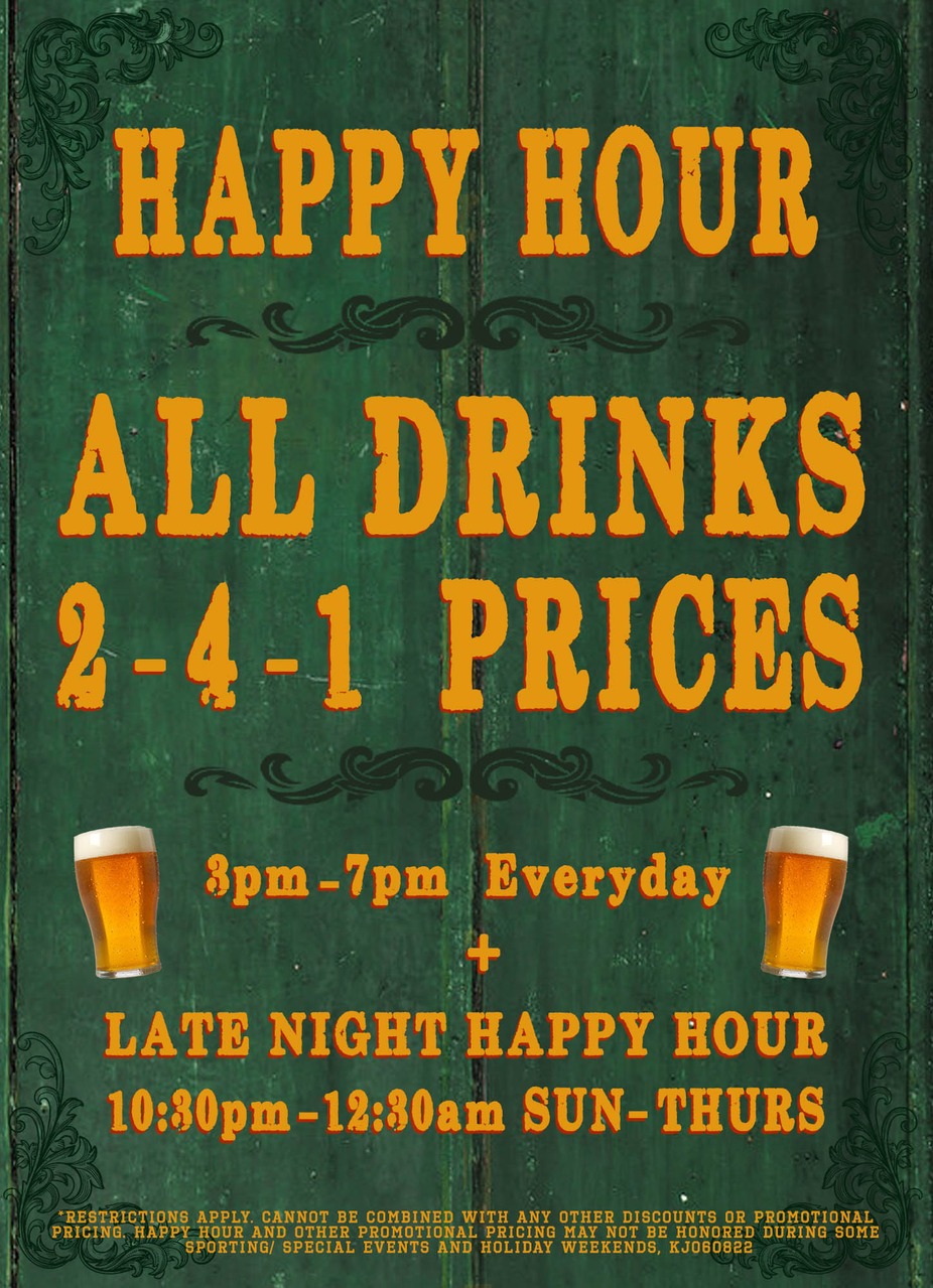 Promotional menu for Jameson's Pub offering 2-for-1 prices on all drinks