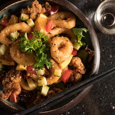 Crispy calamari, top view.