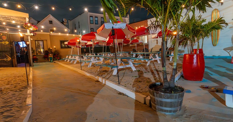 Outdoor seating area at night