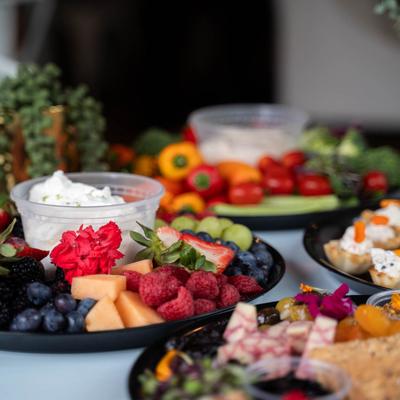 Various food plates, angled view.