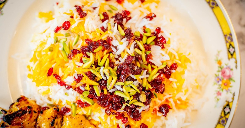 Chicken kebob with saffron barberry rice